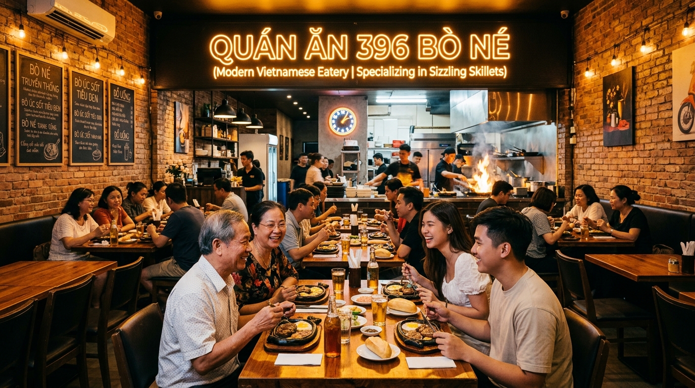 Không gian Quán Ăn 396 Bò Né Nguyễn Thị Kiểu ấm cúng đông vui